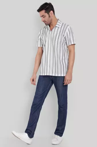 Stysure striped classic shirt, short sleeve grey & white alternating breton stripe cuban collar casual shirts