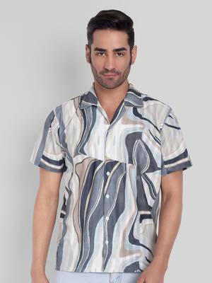 Stysure wavy tonal shirt, short sleeve beige & grey abstract line pattern cuban collar, regular fit casual shirts 1
