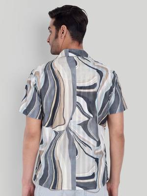 Stysure wavy tonal shirt, short sleeve beige & grey abstract line pattern cuban collar, regular fit casual shirts 2