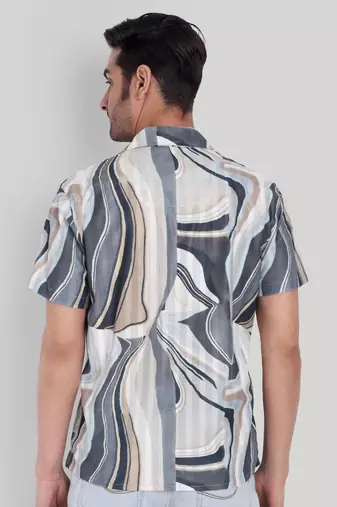 Stysure wavy tonal shirt, short sleeve beige & grey abstract line pattern cuban collar, regular fit casual shirts