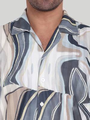 Stysure wavy tonal shirt, short sleeve beige & grey abstract line pattern cuban collar, regular fit casual shirts 3