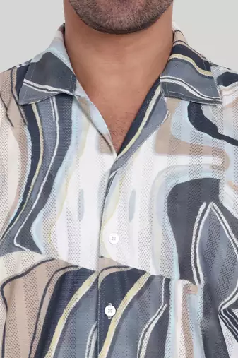 Stysure wavy tonal shirt, short sleeve beige & grey abstract line pattern cuban collar, regular fit casual shirts