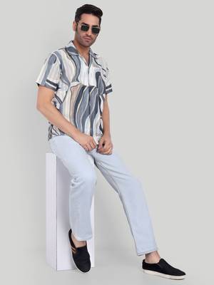Stysure wavy tonal shirt, short sleeve beige & grey abstract line pattern cuban collar, regular fit casual shirts 4