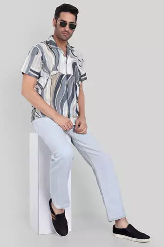 Stysure wavy tonal shirt, short sleeve beige & grey abstract line pattern cuban collar, regular fit casual shirts