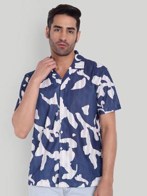 Stysure abstract irregular shape shirt, short sleeve blue & white conversational print cuban collar casual shirts 1