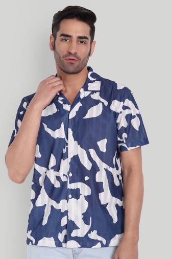 Stysure abstract irregular shape shirt, short sleeve blue & white conversational print cuban collar casual shirts