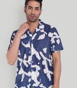 Stysure abstract irregular shape shirt, short sleeve blue & white conversational print cuban collar casual shirts