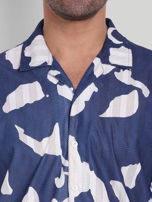 Stysure abstract irregular shape shirt, short sleeve blue & white conversational print cuban collar casual shirts 3