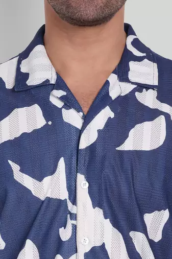 Stysure abstract irregular shape shirt, short sleeve blue & white conversational print cuban collar casual shirts