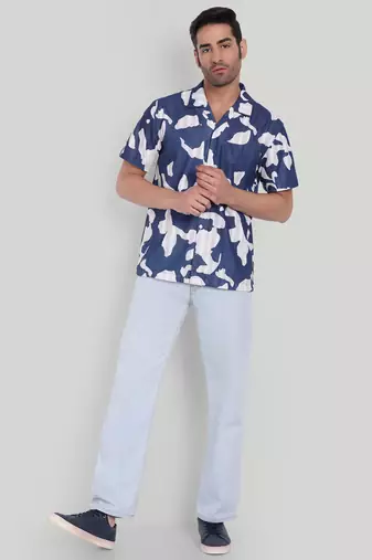 Stysure abstract irregular shape shirt, short sleeve blue & white conversational print cuban collar casual shirts