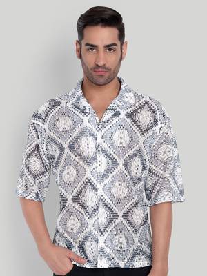 Stysure mosaic diamond patchwork shirt, oversized short sleeve grey & white textured cuban collar casual shirts 1