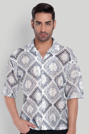 Stysure mosaic diamond patchwork shirt, oversized short sleeve grey & white textured cuban collar casual shirts