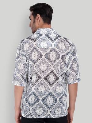 Stysure mosaic diamond patchwork shirt, oversized short sleeve grey & white textured cuban collar casual shirts 2