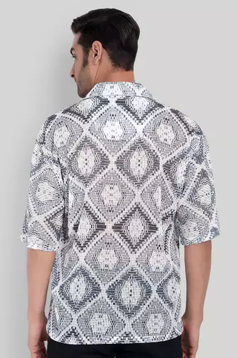 Stysure mosaic diamond patchwork shirt, oversized short sleeve grey & white textured cuban collar casual shirts