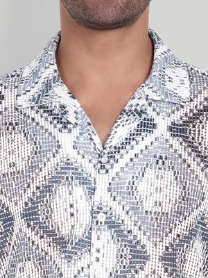 Stysure mosaic diamond patchwork shirt, oversized short sleeve grey & white textured cuban collar casual shirts 3