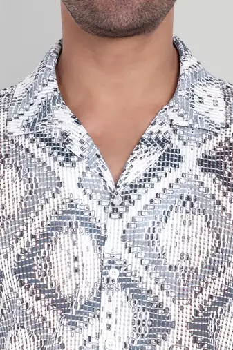 Stysure mosaic diamond patchwork shirt, oversized short sleeve grey & white textured cuban collar casual shirts