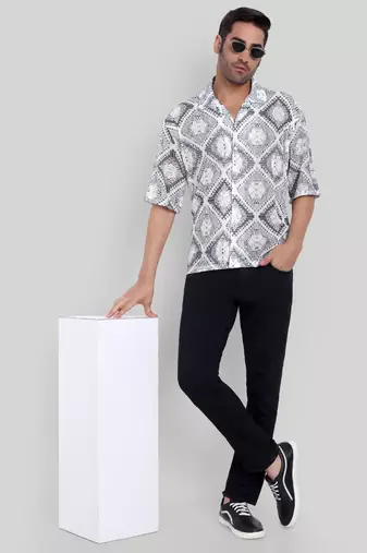 Stysure mosaic diamond patchwork shirt, oversized short sleeve grey & white textured cuban collar casual shirts