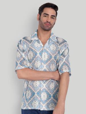 Stysure mosaic diamond patchwork shirt, oversized short sleeve blue textured cuban collar casual shirts 1