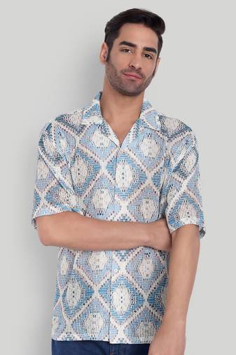 Stysure mosaic diamond patchwork shirt, oversized short sleeve blue textured cuban collar casual shirts