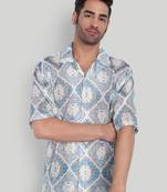 Stysure mosaic diamond patchwork shirt, oversized short sleeve blue textured cuban collar casual shirts