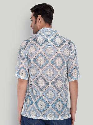 Stysure mosaic diamond patchwork shirt, oversized short sleeve blue textured cuban collar casual shirts 2