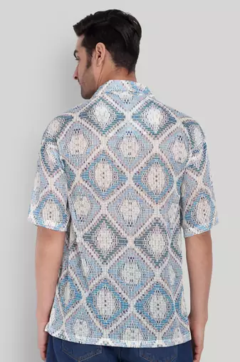 Stysure mosaic diamond patchwork shirt, oversized short sleeve blue textured cuban collar casual shirts