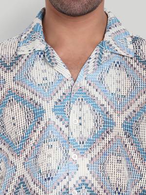 Stysure mosaic diamond patchwork shirt, oversized short sleeve blue textured cuban collar casual shirts 3