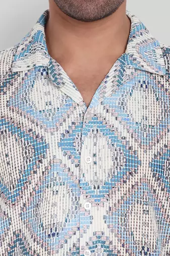 Stysure mosaic diamond patchwork shirt, oversized short sleeve blue textured cuban collar casual shirts