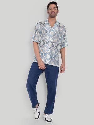Stysure mosaic diamond patchwork shirt, oversized short sleeve blue textured cuban collar casual shirts 4