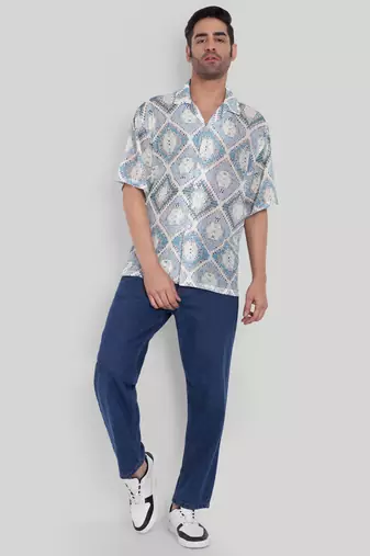 Stysure mosaic diamond patchwork shirt, oversized short sleeve blue textured cuban collar casual shirts