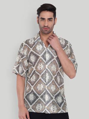 Stysure mosaic diamond patchwork shirt, oversized short sleeve brown textured cuban collar casual shirts 1