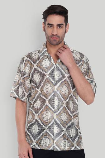 Stysure mosaic diamond patchwork shirt, oversized short sleeve brown textured cuban collar casual shirts