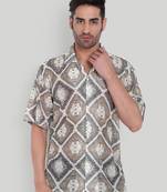 Stysure mosaic diamond patchwork shirt, oversized short sleeve brown textured cuban collar casual shirts