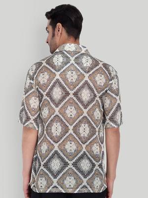 Stysure mosaic diamond patchwork shirt, oversized short sleeve brown textured cuban collar casual shirts 2