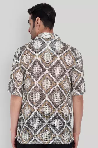 Stysure mosaic diamond patchwork shirt, oversized short sleeve brown textured cuban collar casual shirts