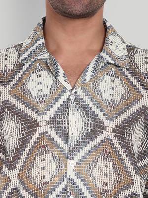 Stysure mosaic diamond patchwork shirt, oversized short sleeve brown textured cuban collar casual shirts 3