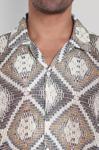 Stysure mosaic diamond patchwork shirt, oversized short sleeve brown textured cuban collar casual shirts