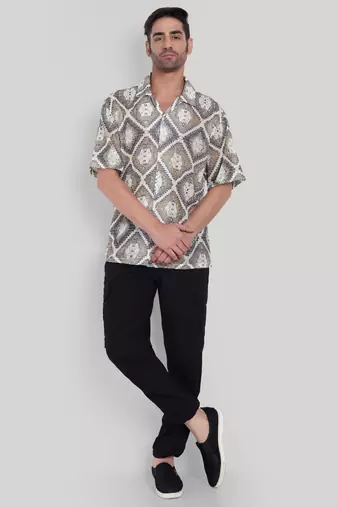 Stysure mosaic diamond patchwork shirt, oversized short sleeve brown textured cuban collar casual shirts