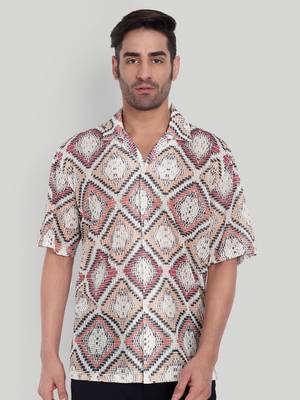 Stysure mosaic diamond patchwork shirt, oversized short sleeve orange & white textured cuban collar casual shirts 1