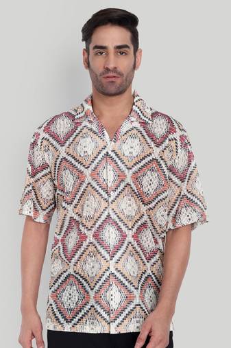 Stysure mosaic diamond patchwork shirt, oversized short sleeve orange & white textured cuban collar casual shirts