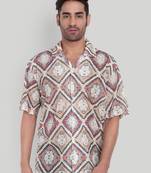 Stysure mosaic diamond patchwork shirt, oversized short sleeve orange & white textured cuban collar casual shirts