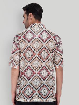 Stysure mosaic diamond patchwork shirt, oversized short sleeve orange & white textured cuban collar casual shirts 2