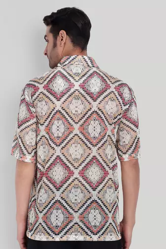 Stysure mosaic diamond patchwork shirt, oversized short sleeve orange & white textured cuban collar casual shirts