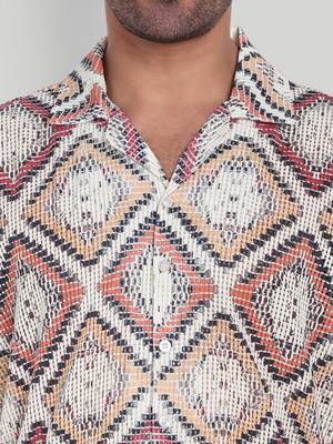 Stysure mosaic diamond patchwork shirt, oversized short sleeve orange & white textured cuban collar casual shirts 3