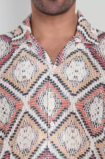 Stysure mosaic diamond patchwork shirt, oversized short sleeve orange & white textured cuban collar casual shirts
