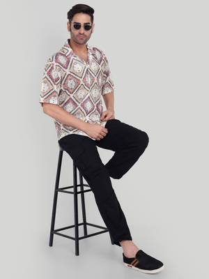 Stysure mosaic diamond patchwork shirt, oversized short sleeve orange & white textured cuban collar casual shirts 4
