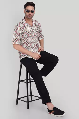 Stysure mosaic diamond patchwork shirt, oversized short sleeve orange & white textured cuban collar casual shirts