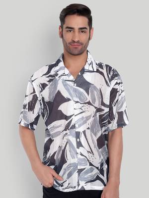Stysure leaf botanical oversized shirt, short sleeve black & white large leaf print cuban collar casual shirts 1
