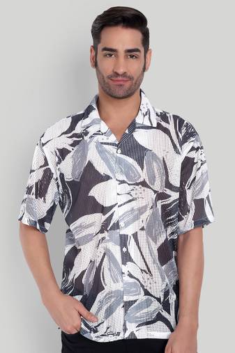 Stysure leaf botanical oversized shirt, short sleeve black & white large leaf print cuban collar casual shirts