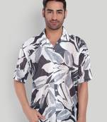 Stysure leaf botanical oversized shirt, short sleeve black & white large leaf print cuban collar casual shirts